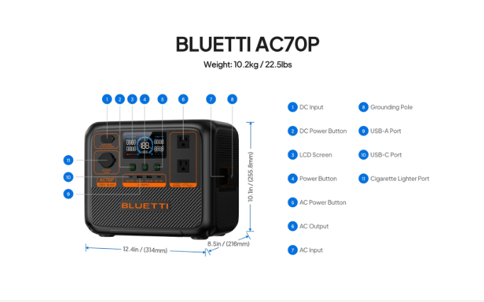 BLUETTI AC70P Portable Power Station 1000W 864Wh
